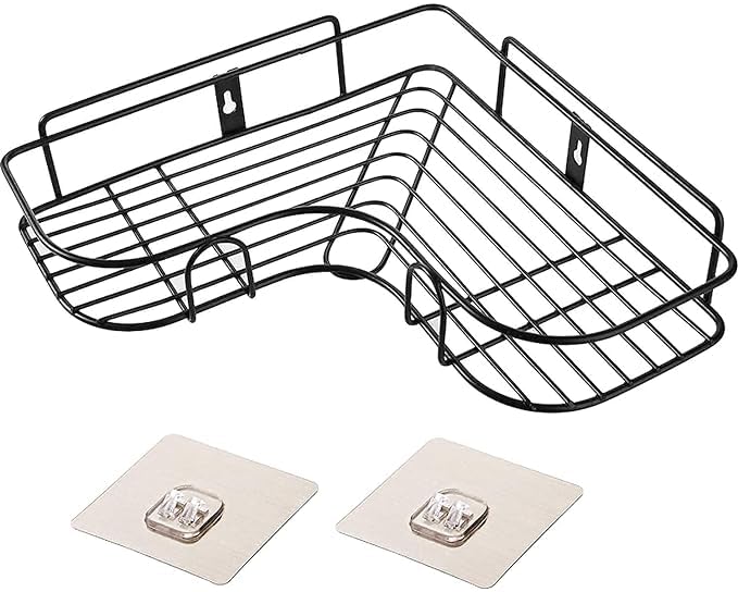 Wall Mounted Bathroom Corner Shelf/Kitchen Rack & Holder - Bathroom Accessories || Adhesive Shelf for Kitchen with Magic Sticker/Bathroom Organizer Without Drill (GI Metal, Black) - Pack of 1