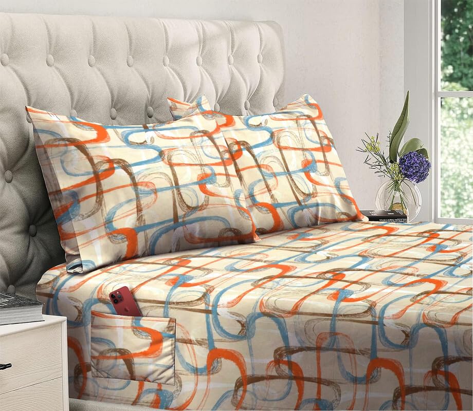 Printed 144 TC Glace Cotton King Size Double Bedsheet with Dual Side Pockets