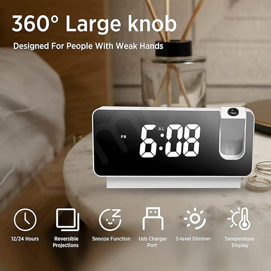 LED Projection Alarm Clock with USB Charging & Mirror Display