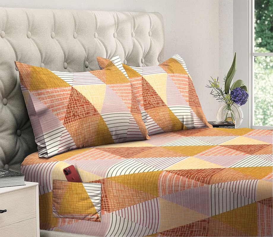 144 TC Polycotton Queen Geometrical Flat Bedsheet (Pack of 1, Multicolor) DS-78009