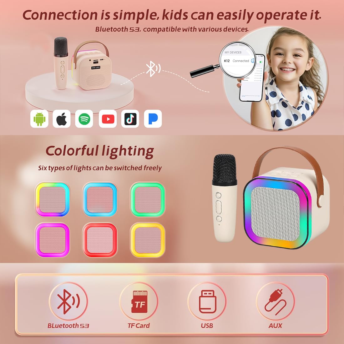 Karaoke Machine for Kids Adults, Mini Portable Blue-Tooth Karaoke Speaker with Wireless Microphone