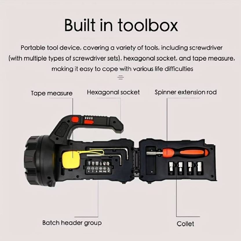 5-in-1 Multifunctional LED Torch with 14-Piece Tool Kit | 10-Hour Emergency Light (Black)